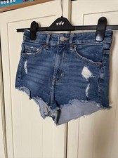 DIVIDED H&M Ladies Hot Pants Shorts Size 6 Blue Denim Stretch Fray Distressed
