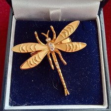 Pretty Vintage Style Gold Tone Yellow Enamel  Clear Crystal Dragonfly Brooch.
