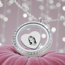Glass Locket Necklace with Free Photo Engraving on Heart or Round Charm