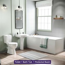 Nes Home Close Coupled Toilet, Pedestal Basin And Round Bath Suite White
