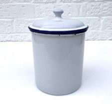 VINTAGE FRENCH WHITE & BLUE ENAMEL STORAGE TIN JAR CANNISTER 18cm HIGH