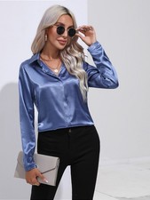 Women Satin Silk Long Sleeve Shirts OL Work Ladies V neck Lapel Blouse Tops SIZE