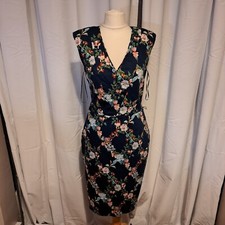 Oasis Fitzwilliam Dress Dark Blue Floral Fitted Short Sleeves Lined Size 10