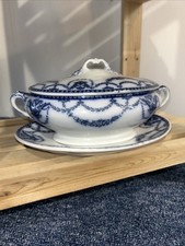 Vintage Tureen Lid & Plate Blue And White Fracture In Bottom Of Pot