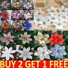 10X Large Christmas Poinsettia Glitter Flower Tree Hanging Xmas Party Decor UK