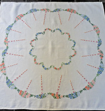 Vintage White Linen Table Cloth 40" x 40"  Hand Embroidered Floral Design