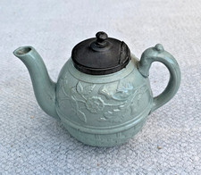 Small Childs Hall & Read  UNION FLOWERS  Green Teapot with Pewter Lid 1883