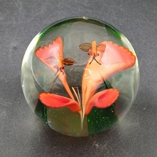 Murano Glass Flower & Insects Scene Paperweight Red Green Glass WRDC