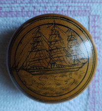 Vintage Boxwood Treen Round Box with Sailing Ship Design - FREE SHIPPING