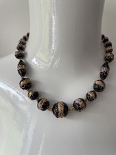 Vintage Italian Black Venetian Glass Wedding Cake Rose Gold Bead Necklace 18"