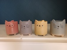 Four Small Succulant Plant Pots, Two Owls And Two Cats.