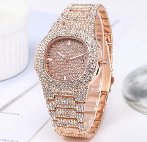 Iced out round watch - round, gold