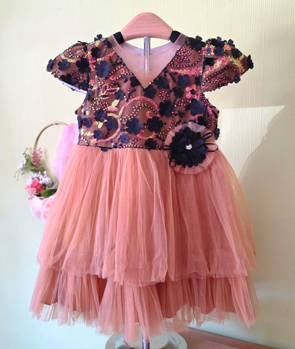 Rosy peach sequin floral - sequin, tulle