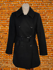 WOMENS +J UNIQLO SMALL BLACK WOOL RICH OVERCOAT JACKET DOUBLE BREASTED BELTED