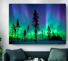 Northern Lights Trees 30mm DEEP FRAMED CANVAS WALL ART PICTURE or PAPER PRINT