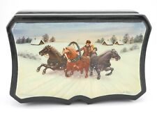 Beautiful Hand Painted & Signed Russian Lacquer Box Winter Troika Sleigh Ride