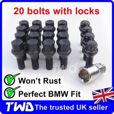 20 BLACK ALLOY WHEEL BOLTS + LOCKS FOR BMW 5-SERIES E28 E34 E39 E60 M12X1.5 NUT