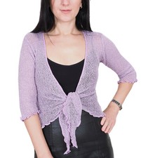 Ladies Bolero Crochet Glitter Lurex Stretch Lace Fish Net Tie at Waist Cardigan