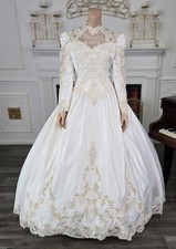 Alfred Angelo Vintage 80s 90s White Satin Long Sleeve Wedding Dress sz 14