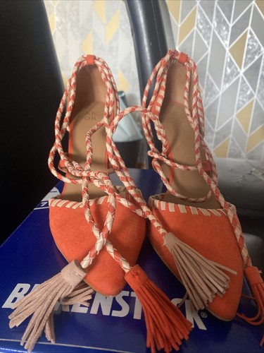 Orange heels with beige ankle - heels,