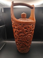 Mid Century Ice Bucket Hand Carved Wooden Teak Ornate Art Deco Design 14" Tall