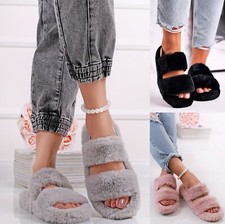 LADIES WOMENS FLAT FLUFFY FAUX FUR WARM COMFY SLIDERS SLIPPER SANDALS SIZE 3-8 U