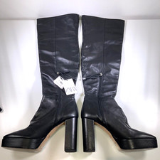 ZARA Women’s Leather Boots UK 7 Knee High Long Black High Block Heel NWT