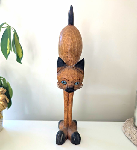 Tall hand carved wooden cat - hand,