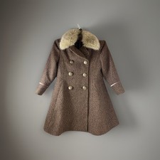 Freeze Flared Brown Tweed Girls Coat With Fur Collar 26” Bust Age 7-8 Approx