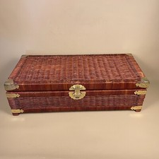 Oriental Rectangle Basket Woven Wicker Brown Trunk Chest Vintage Wood Brass