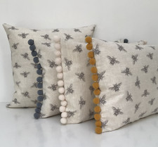 Grey Bee DOUBBLE SIDED Ivory Linen Look Geometric  Cushion Cover Pom Pom Trim
