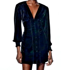 ZARA ALESSA Black Velvet Stretch Ruched & Button Front Cocktail Dress Size M /12