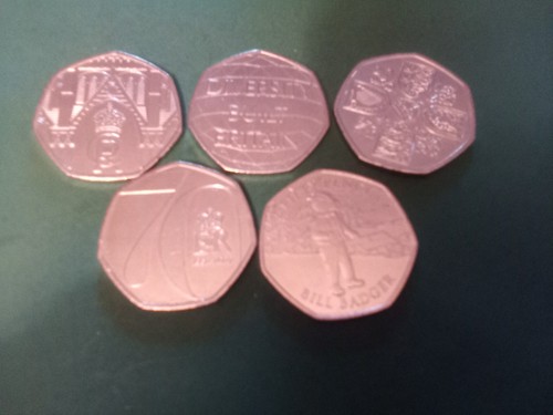 50p coins unc bill - x5,