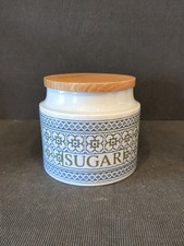 VINTAGE * HORNSEA * BLUE TAPESTRY DESIGN CERAMIC SUGAR CANISTER & WOODEN LID