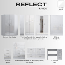 REFLECT High Gloss Bedroom Furniture Wardrobe Chest Bedside Desk Option in White