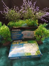 lot of 6 aquarium items floating 2in1 fish hatchery  net breeder box fake plants