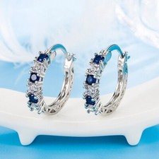 925 Sterling Silver Blue Crystal Hoop Earrings Jewellery Women Girls Gift UK