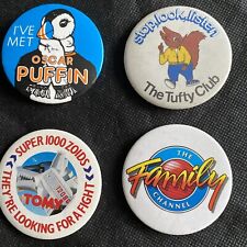Collectible Badges x 4 : Tufty Club, Family Channel, Tomy Toys, Oscar The Puffin