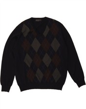 BRAMANTE Mens V-Neck Jumper Sweater IT 56 2XL Navy Blue Argyle/Diamond CX34