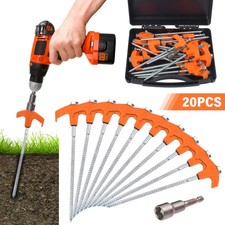 20x Screw In Heavy Duty Drill Top Tent Pegs Set Camping Ground Awning Pegs Case