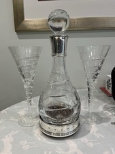 Carrs Sterling Silver Spiral Cut Crystal Decanter Two Glasses Silver Coaster VGC