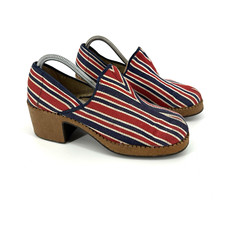 1970s Vintage Shoes Denim canvas blue red stripe platform stacked heel Uk 7
