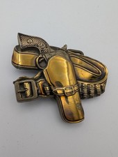 Vintage 1981 Baron Brass Gun Holster Belt Buckle - Gun And Bullet Pouch Design