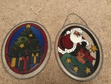 2 Vintage Christmas Stained Glass Hanging Ornaments 7x9’’ Christmas Tree Santa
