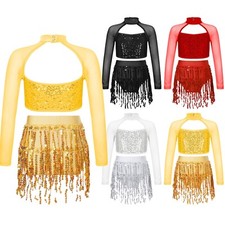 UK Girls 2 Pcs Dance Outfits Sequins Mock Neck Crop Tops with Fringe Skirt Set