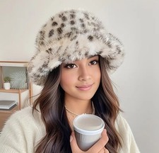 Women Fluffy Leopard Soft  Light Ladies Warm  Faux Fur Bucket Hat 1pc New Fashio