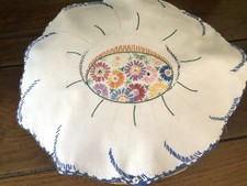 Unusual Oval Vintage Linen Hand Embroidered Floral Cushion Cover 39x34cms