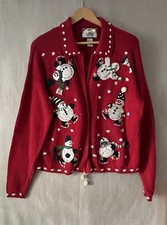 Vintage Tiara Christmas Snowmen Sweater Knit Red Zip Cardigan Large