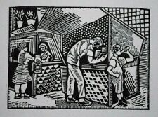 MARKET / NEWS PAPER / NEWSPAPER STAND : HELEN WEST HELLER 1947 American Woodcut