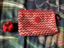 Kipling Monkey Red And White Pouch With Baby Monkey Keyring Quirky Pattern